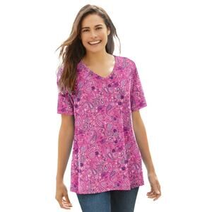 Woman Within Size 26/28 Pink Paisley Floral V-Neck Short Sleeve Tunic T-Shirt